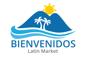 The Bienvenidos Market Logo. It contains two blue mountains, two coconut trees, a bright yellow side between the moutains and light blue waves hitting the mountains.