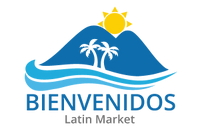The Bienvenidos Market Logo. It contains two blue mountains, two coconut trees, a bright yellow side between the moutains and light blue waves hitting the mountains.